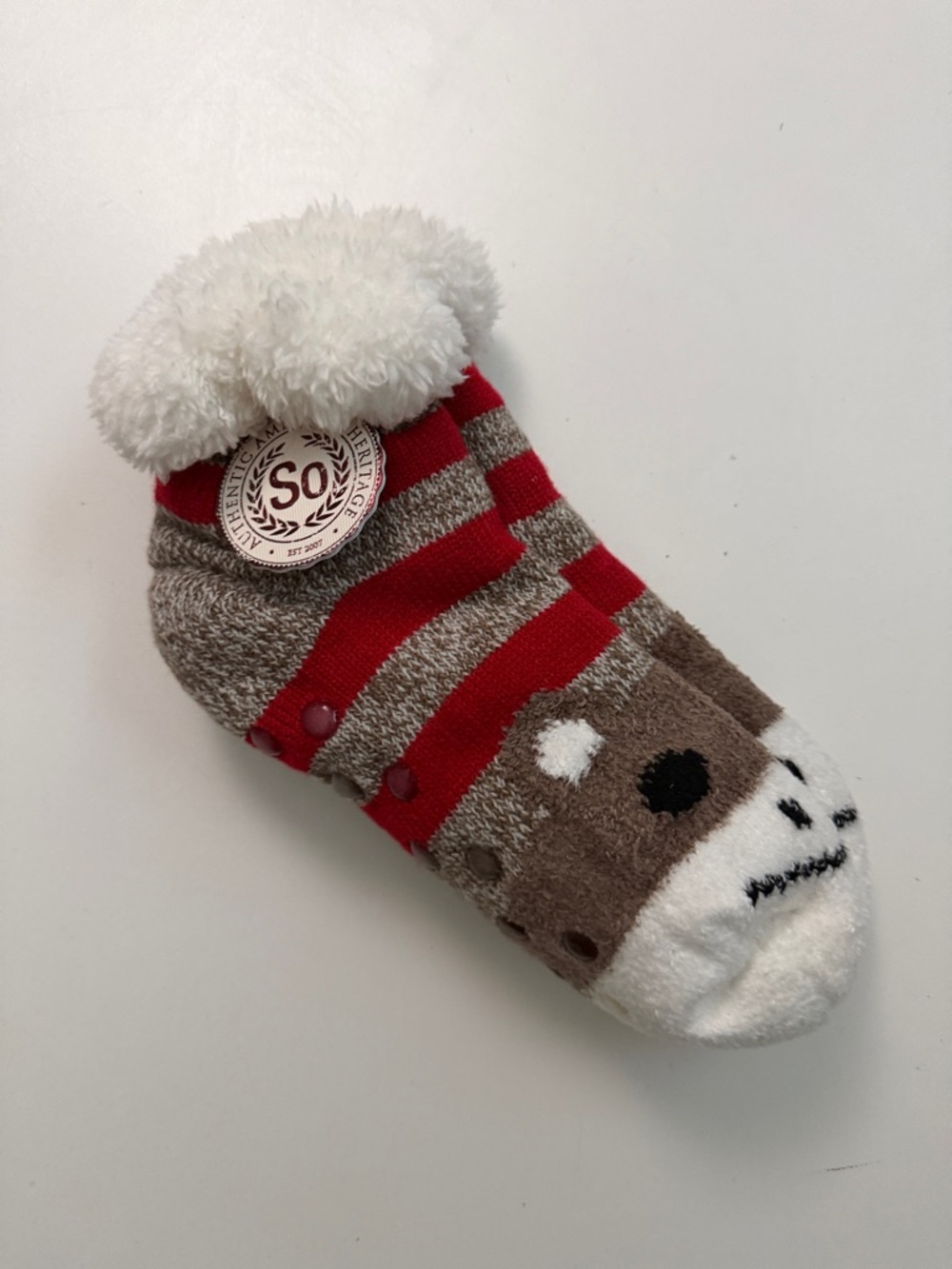 SO Slipper Socks Sock Monkey Rockford Red Heel Fuzzy Fluffy Cushioned Soft New